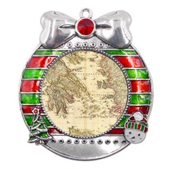 Map Of Greece Archipelago Metal X mas Ribbon With Red Crystal Round Ornament