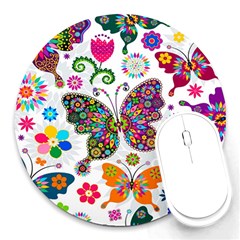 Butterflies Abstract Colorful Floral Flowers Vector Round Mousepad by B30l