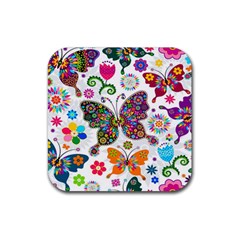 Butterflies Abstract Colorful Floral Flowers Vector Rubber Coaster (square) by B30l