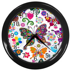 Butterflies Abstract Colorful Floral Flowers Vector Wall Clock (black) by B30l