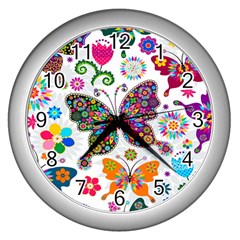 Butterflies Abstract Colorful Floral Flowers Vector Wall Clock (silver) by B30l