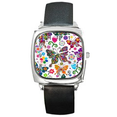 Butterflies Abstract Colorful Floral Flowers Vector Square Metal Watch by B30l