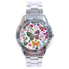 Butterflies Abstract Colorful Floral Flowers Vector Stainless Steel Analogue Watch by B30l