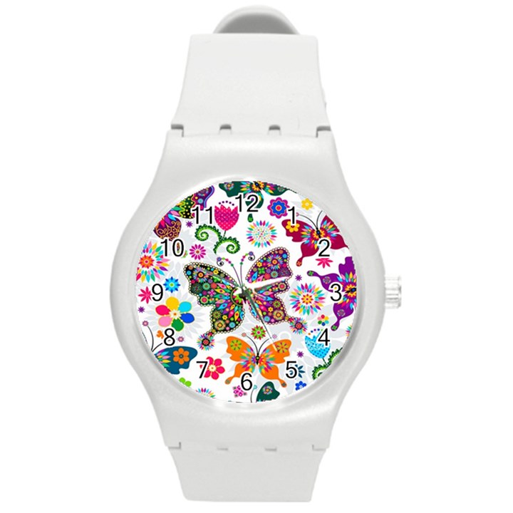 Butterflies Abstract Colorful Floral Flowers Vector Round Plastic Sport Watch (M)