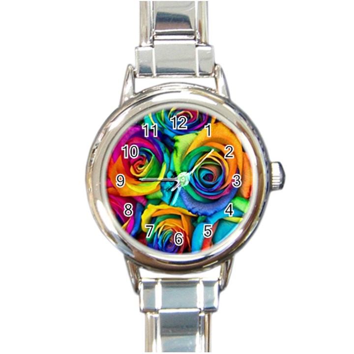 Colorful Roses Bouquet Rainbow Round Italian Charm Watch