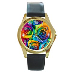 Colorful Roses Bouquet Rainbow Round Gold Metal Watch by B30l