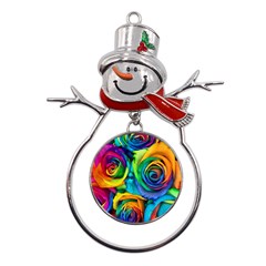 Colorful Roses Bouquet Rainbow Metal Snowman Ornament