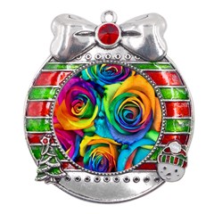 Colorful Roses Bouquet Rainbow Metal X mas Ribbon With Red Crystal Round Ornament