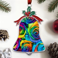 Colorful Roses Bouquet Rainbow Metal Holly Leaf Bell Ornament