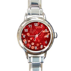 Four Red Butterflies With Flower Illustration Butterfly Flowers Round Italian Charm Watch by B30l