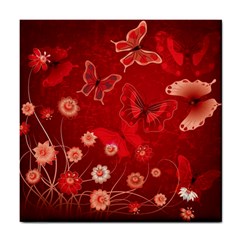 Four Red Butterflies With Flower Illustration Butterfly Flowers Tile Coaster by B30l