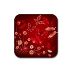 Four Red Butterflies With Flower Illustration Butterfly Flowers Rubber Square Coaster (4 pack) Front