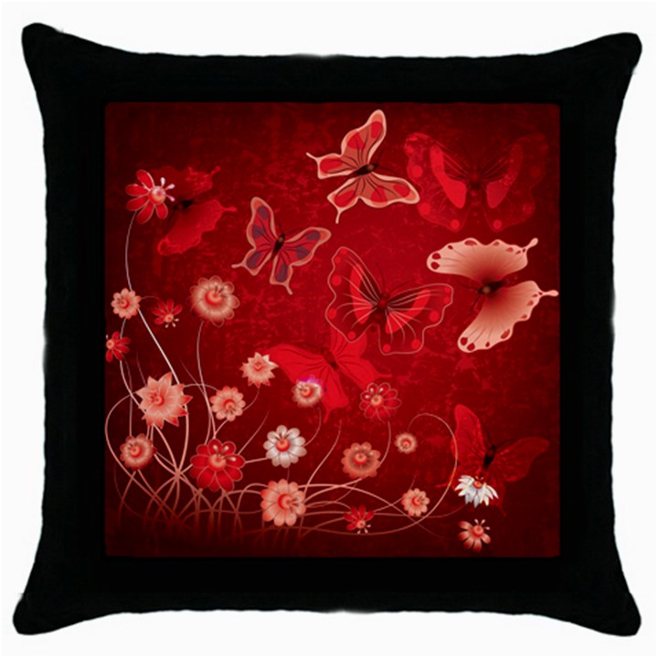 Four Red Butterflies With Flower Illustration Butterfly Flowers Throw Pillow Case (Black)