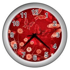 Four Red Butterflies With Flower Illustration Butterfly Flowers Wall Clock (silver) by B30l