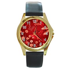 Four Red Butterflies With Flower Illustration Butterfly Flowers Round Gold Metal Watch by B30l