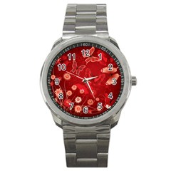 Four Red Butterflies With Flower Illustration Butterfly Flowers Sport Metal Watch by B30l