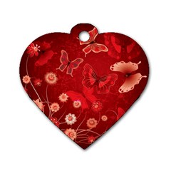 Four Red Butterflies With Flower Illustration Butterfly Flowers Dog Tag Heart (one Side)