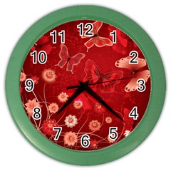 Four Red Butterflies With Flower Illustration Butterfly Flowers Color Wall Clock by B30l