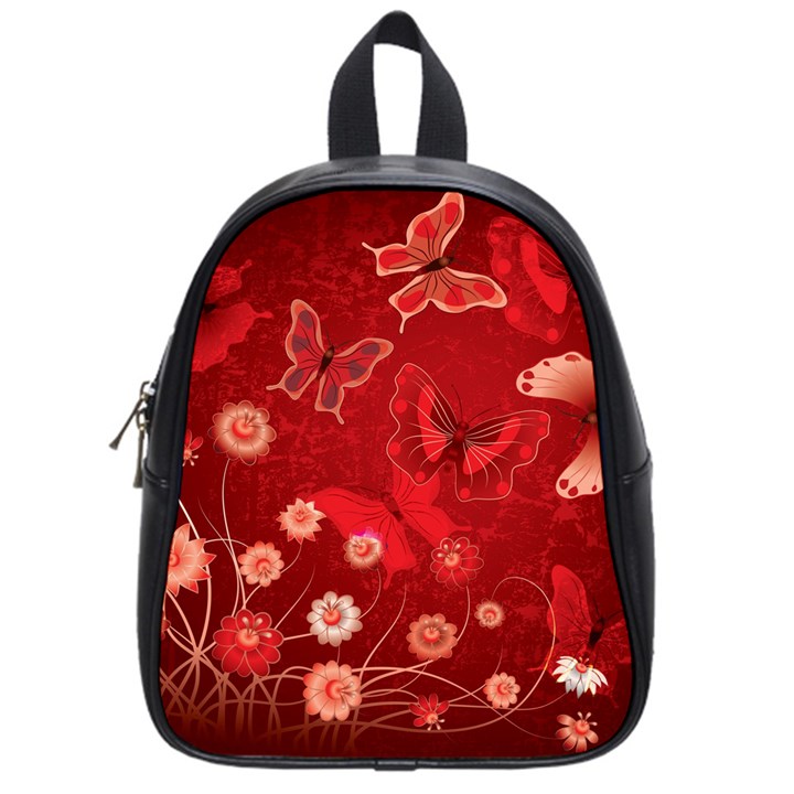 Four Red Butterflies With Flower Illustration Butterfly Flowers School Bag (Small)