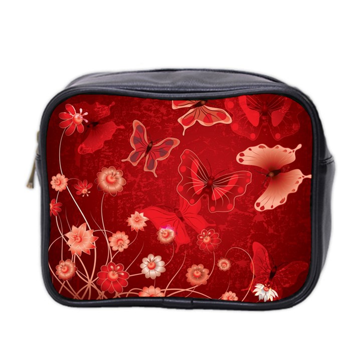 Four Red Butterflies With Flower Illustration Butterfly Flowers Mini Toiletries Bag (Two Sides)