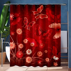 Four Red Butterflies With Flower Illustration Butterfly Flowers Shower Curtain 60  X 72  (medium)  by B30l