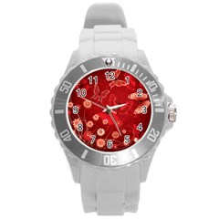 Four Red Butterflies With Flower Illustration Butterfly Flowers Round Plastic Sport Watch (l) by B30l