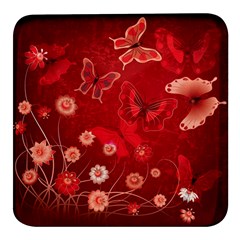 Four Red Butterflies With Flower Illustration Butterfly Flowers Square Glass Fridge Magnet (4 Pack) by B30l