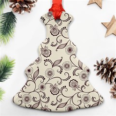 White And Brown Floral Wallpaper Flowers Background Pattern Ornament (christmas Tree)  by B30l