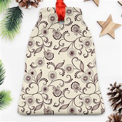 White And Brown Floral Wallpaper Flowers Background Pattern Bell Ornament (two Sides)