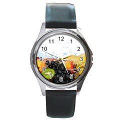 Variety Of Fruit Water Berry Food Splash Kiwi Grape Round Metal Watch by B30l