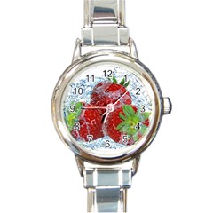 Red Strawberries Water Squirt Strawberry Fresh Splash Drops Round Italian Charm Watch by B30l