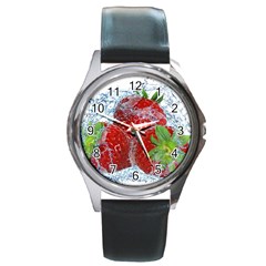 Red Strawberries Water Squirt Strawberry Fresh Splash Drops Round Metal Watch by B30l