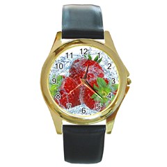 Red Strawberries Water Squirt Strawberry Fresh Splash Drops Round Gold Metal Watch by B30l