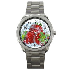 Red Strawberries Water Squirt Strawberry Fresh Splash Drops Sport Metal Watch by B30l