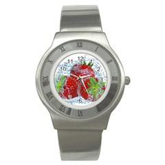 Red Strawberries Water Squirt Strawberry Fresh Splash Drops Stainless Steel Watch by B30l