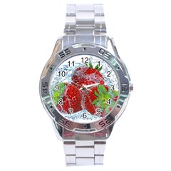 Red Strawberries Water Squirt Strawberry Fresh Splash Drops Stainless Steel Analogue Watch by B30l