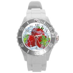 Red Strawberries Water Squirt Strawberry Fresh Splash Drops Round Plastic Sport Watch (l) by B30l