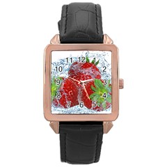 Red Strawberries Water Squirt Strawberry Fresh Splash Drops Rose Gold Leather Watch  by B30l