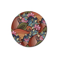 Multicolored Flower Decor Flowers Patterns Leaves Colorful Rubber Coaster (round)