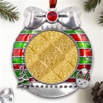 Damas Pattern Vector Texture Gold Ornament With Seamless Metal X Mas Ribbon With Red Crystal Round Ornament Front