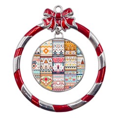 Pattern Texture Multi Colored Variation Metal Red Ribbon Round Ornament by danenraven