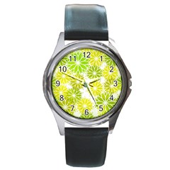 Flowers Green Texture With Pattern Leaves Shape Seamless Round Metal Watch by danenraven