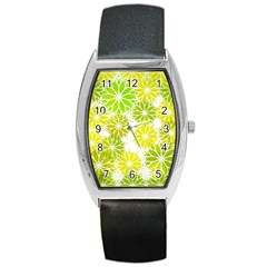 Flowers Green Texture With Pattern Leaves Shape Seamless Barrel Style Metal Watch