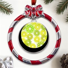 Flowers Green Texture With Pattern Leaves Shape Seamless Metal Red Ribbon Round Ornament