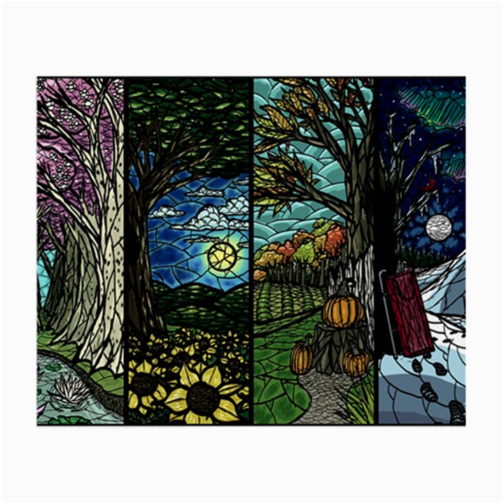 Four Assorted Illustrations Collage Winter Autumn Summer Picture Small Glasses Cloth