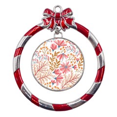 Flowers Pattern Seamless Floral Floral Pattern Metal Red Ribbon Round Ornament by danenraven