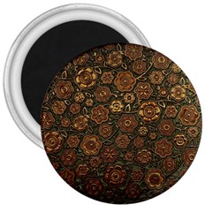 Brown And Green Floral Print Textile Ornament Pattern Texture 3  Magnets