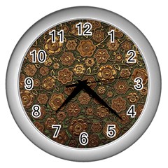 Brown And Green Floral Print Textile Ornament Pattern Texture Wall Clock (Silver)