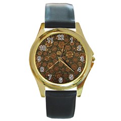 Brown And Green Floral Print Textile Ornament Pattern Texture Round Gold Metal Watch