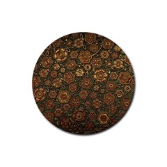 Brown And Green Floral Print Textile Ornament Pattern Texture Rubber Coaster (Round)